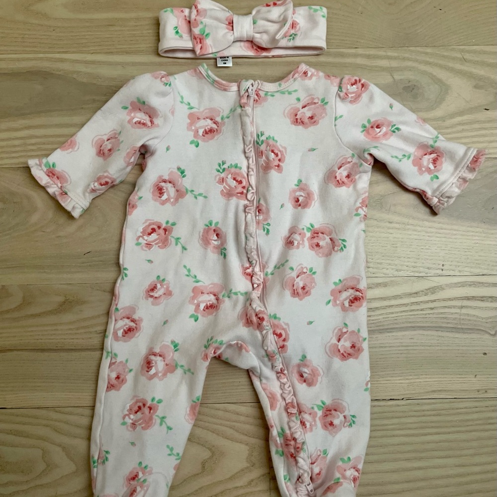 Little Me Rose Print Cotton Footie & Headband Set
